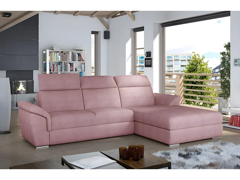 Canapé d'angle convertible en tissu Luxe, rose, 5 places, angle droit (vu de face) , TRESOR