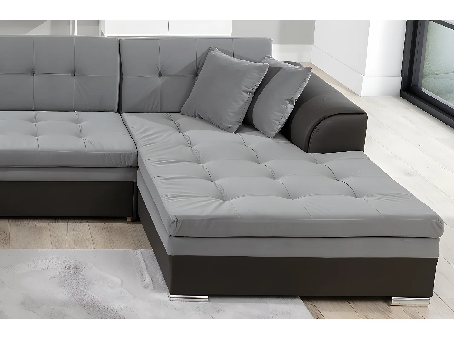 Canapé panoramique convertible en tissu gris de qualité - DAMIEN VELOURS - 7 places avec méridienne à droite et angle à gauche