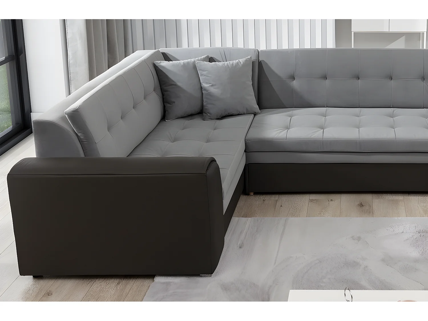 Canapé panoramique convertible en tissu gris de qualité - DAMIEN VELOURS - 7 places avec méridienne à droite et angle à gauche