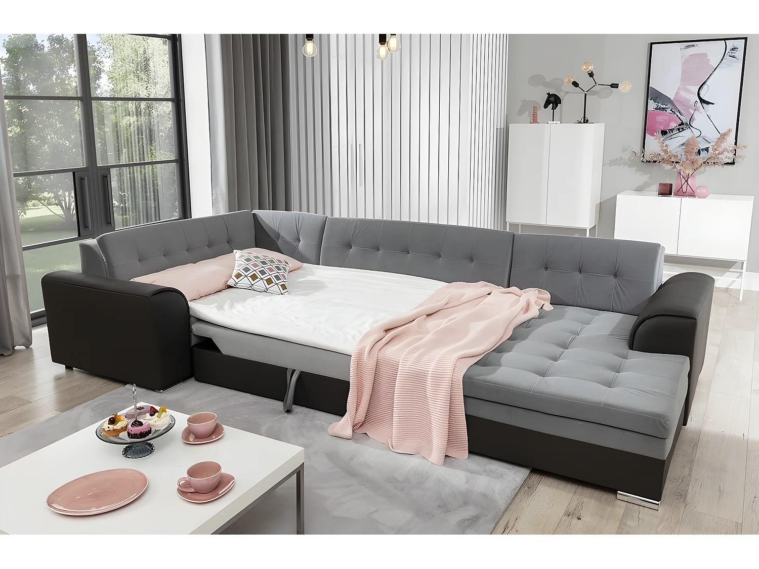 Canapé panoramique convertible en tissu gris de qualité - DAMIEN VELOURS - 7 places avec méridienne à droite et angle à gauche