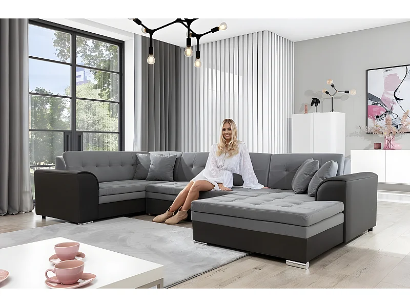 Canapé panoramique convertible en tissu gris de qualité - DAMIEN VELOURS - 7 places avec méridienne à droite et angle à gauche