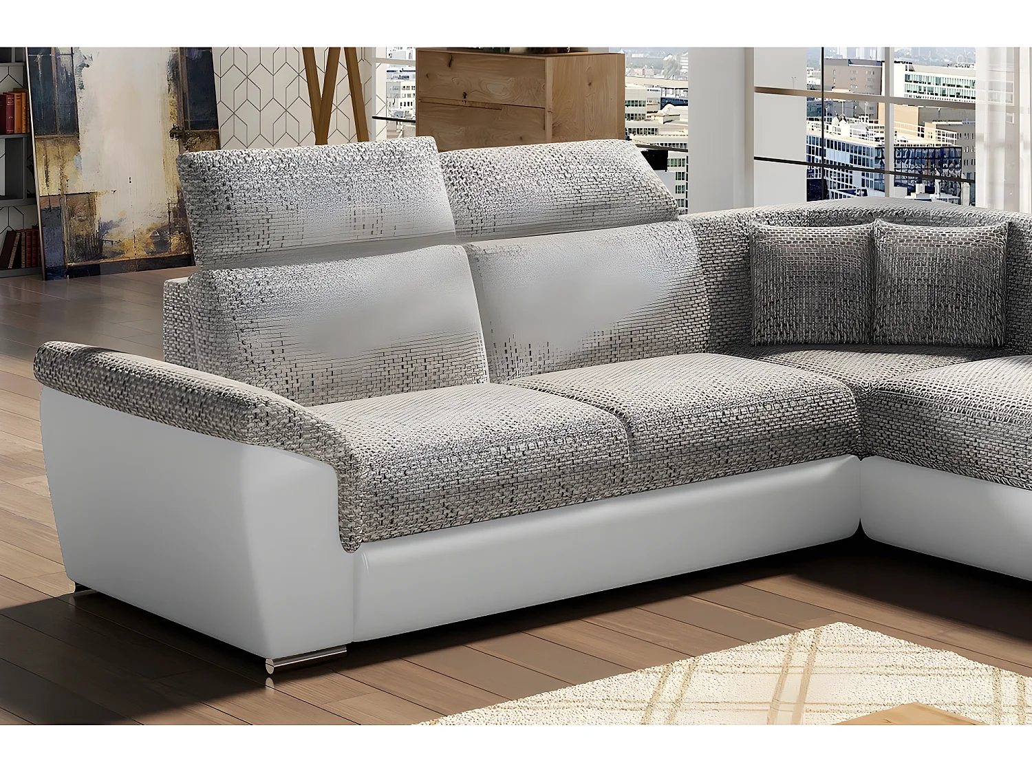 Canapé d'angle - convertible - FELIPE - en tissu beige et simili cuir blanc, 5/6 places