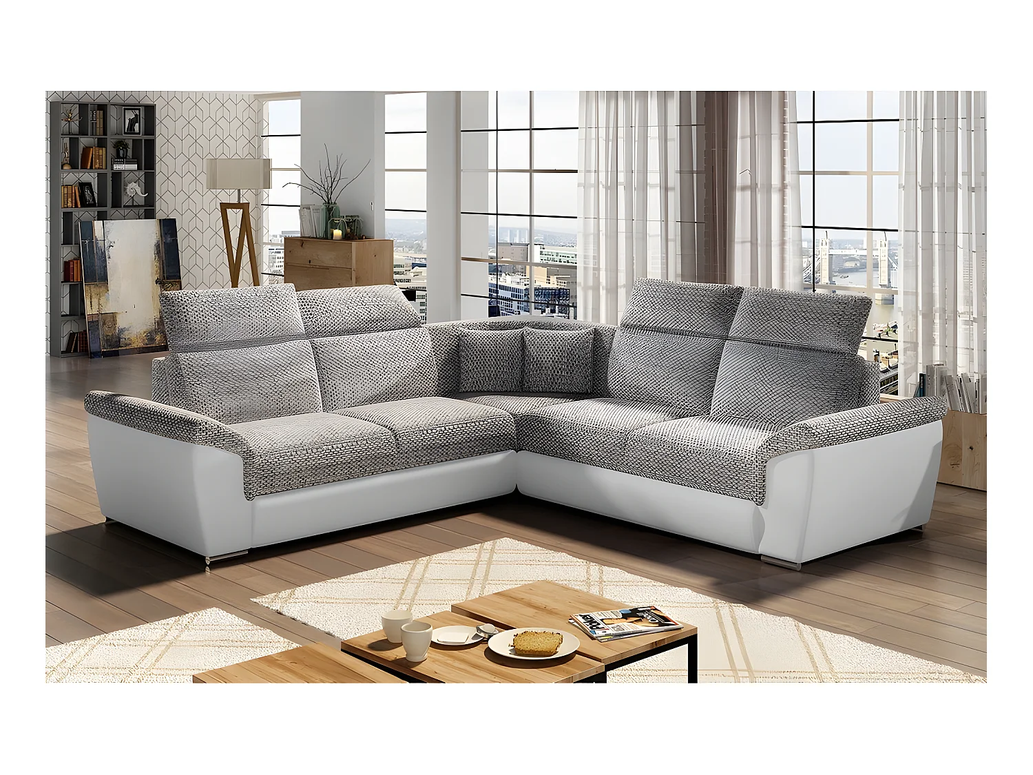 Canapé d'angle - convertible - FELIPE - en tissu beige et simili cuir blanc, 5/6 places