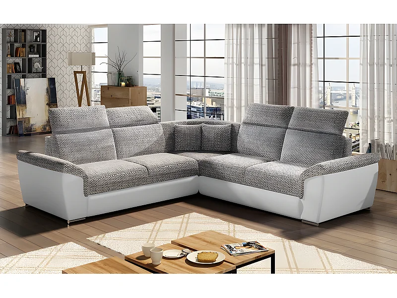 Canapé d'angle - convertible - FELIPE - en tissu beige et simili cuir blanc, 5/6 places