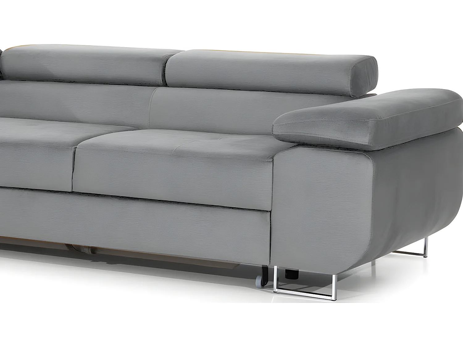 Canapé d'angle convertible ARMEL en tissu velours luxe 5 places, couleur gris, avec coffre, angle gauche (vu de face)