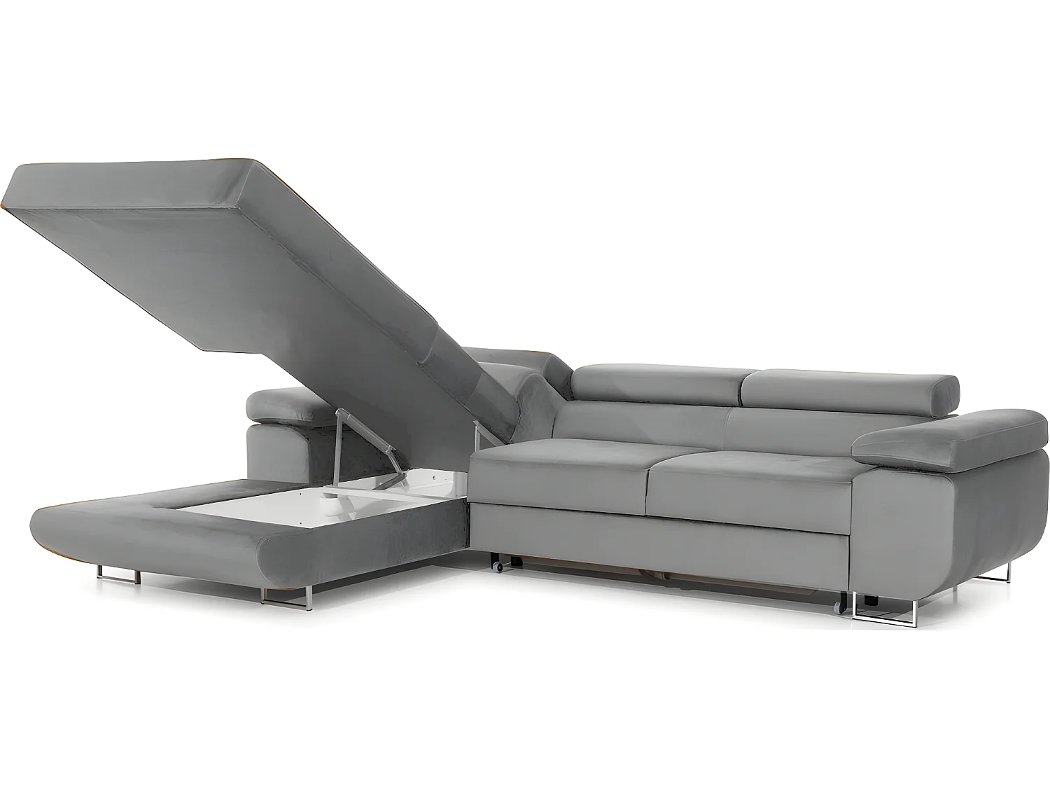 Canapé d'angle convertible ARMEL en tissu velours luxe 5 places, couleur gris, avec coffre, angle gauche (vu de face)