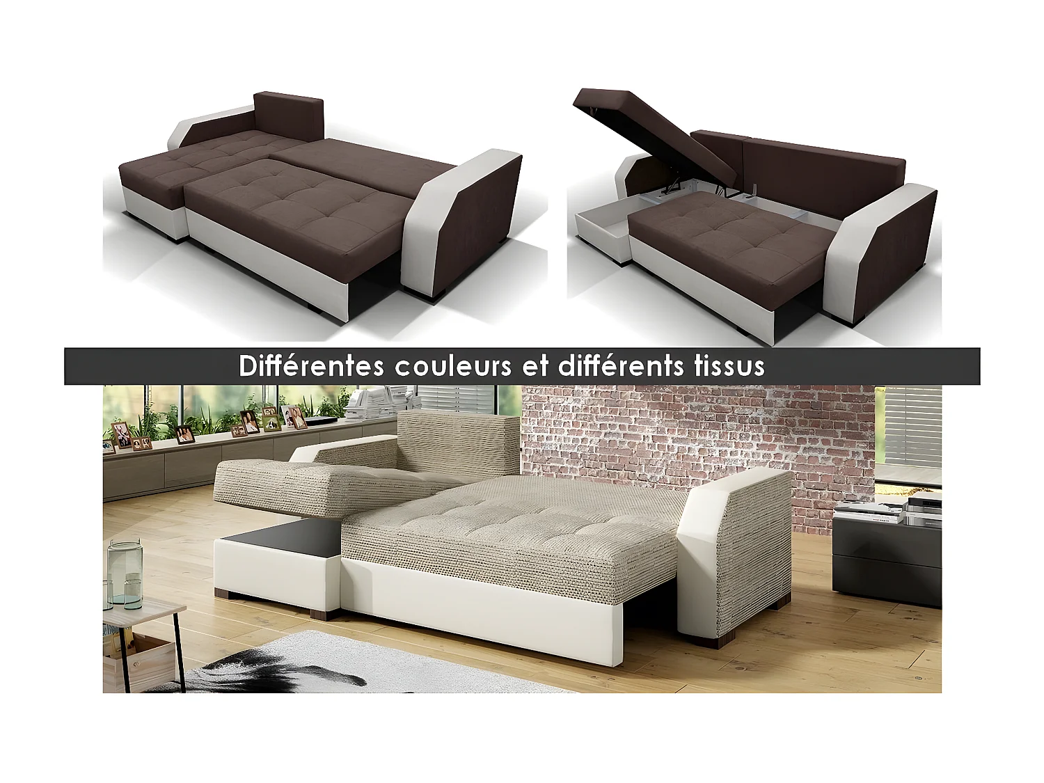 Canapé d'angle convertible - ARTE - en tissu de qualité - marron et beige, 3/4 places, angle gauche (vu de face)