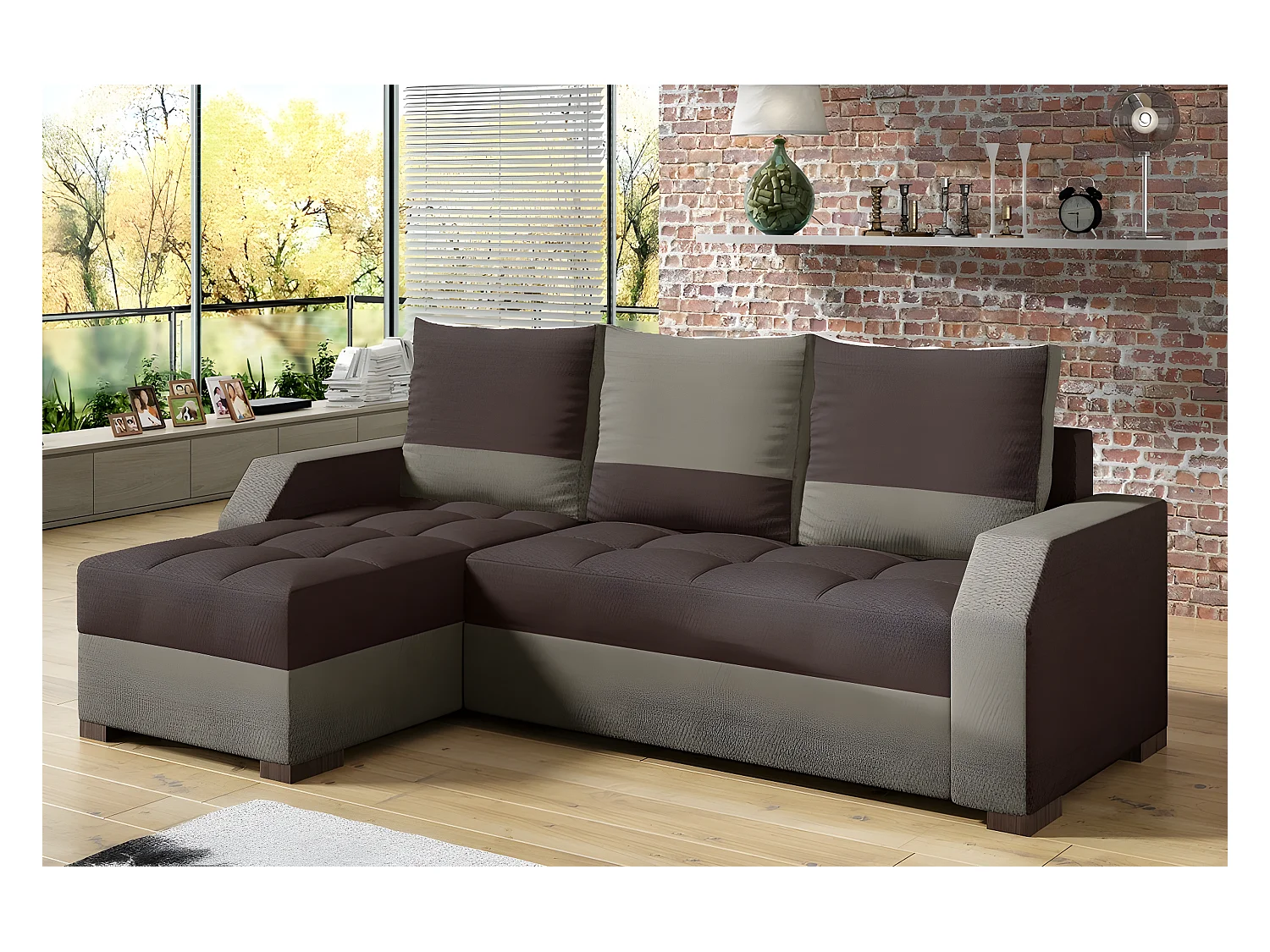 Canapé d'angle convertible - ARTE - en tissu de qualité - marron et beige, 3/4 places, angle gauche (vu de face)