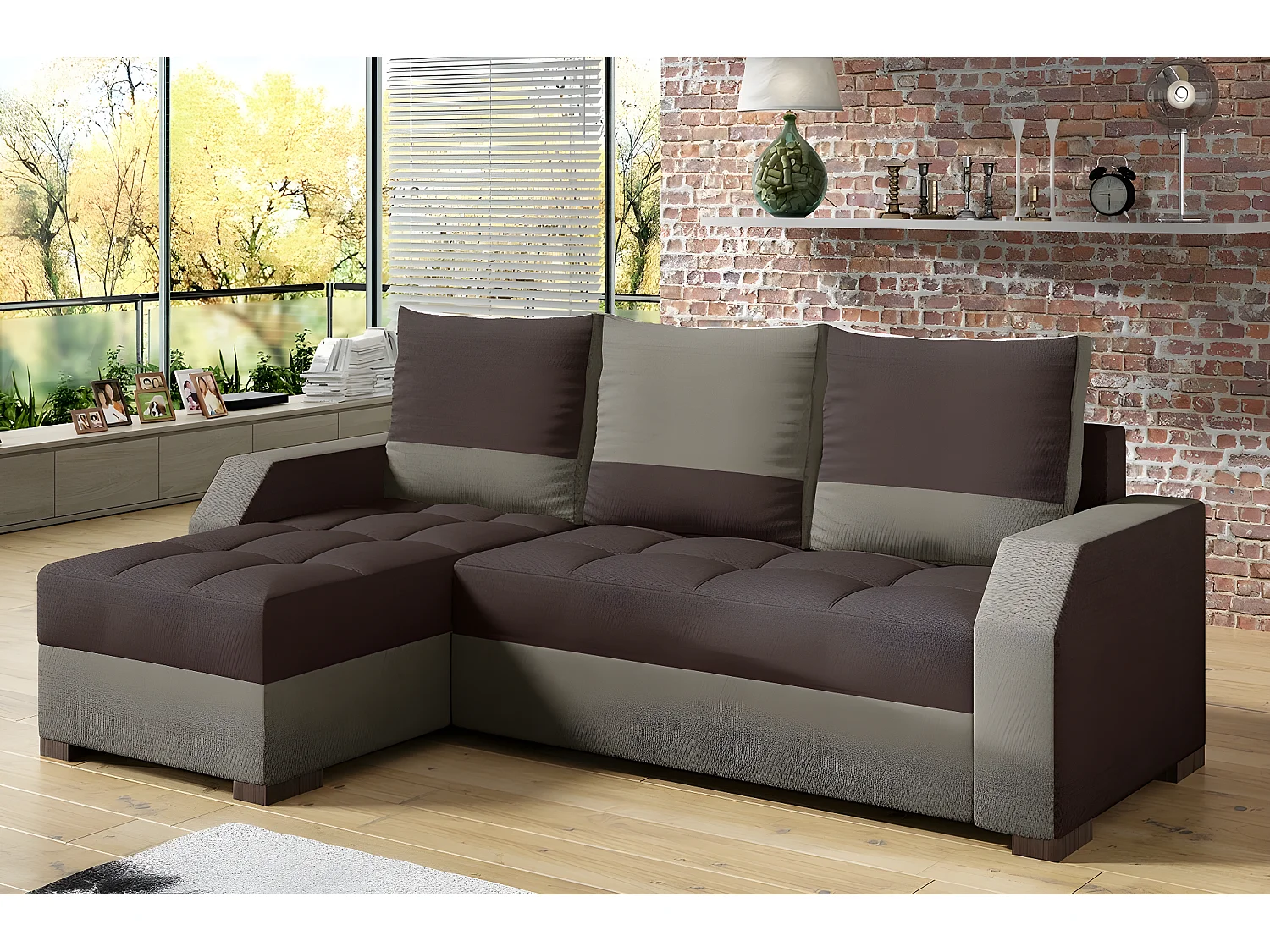 Canapé d'angle convertible - ARTE - en tissu de qualité - marron et beige, 3/4 places, angle gauche (vu de face)