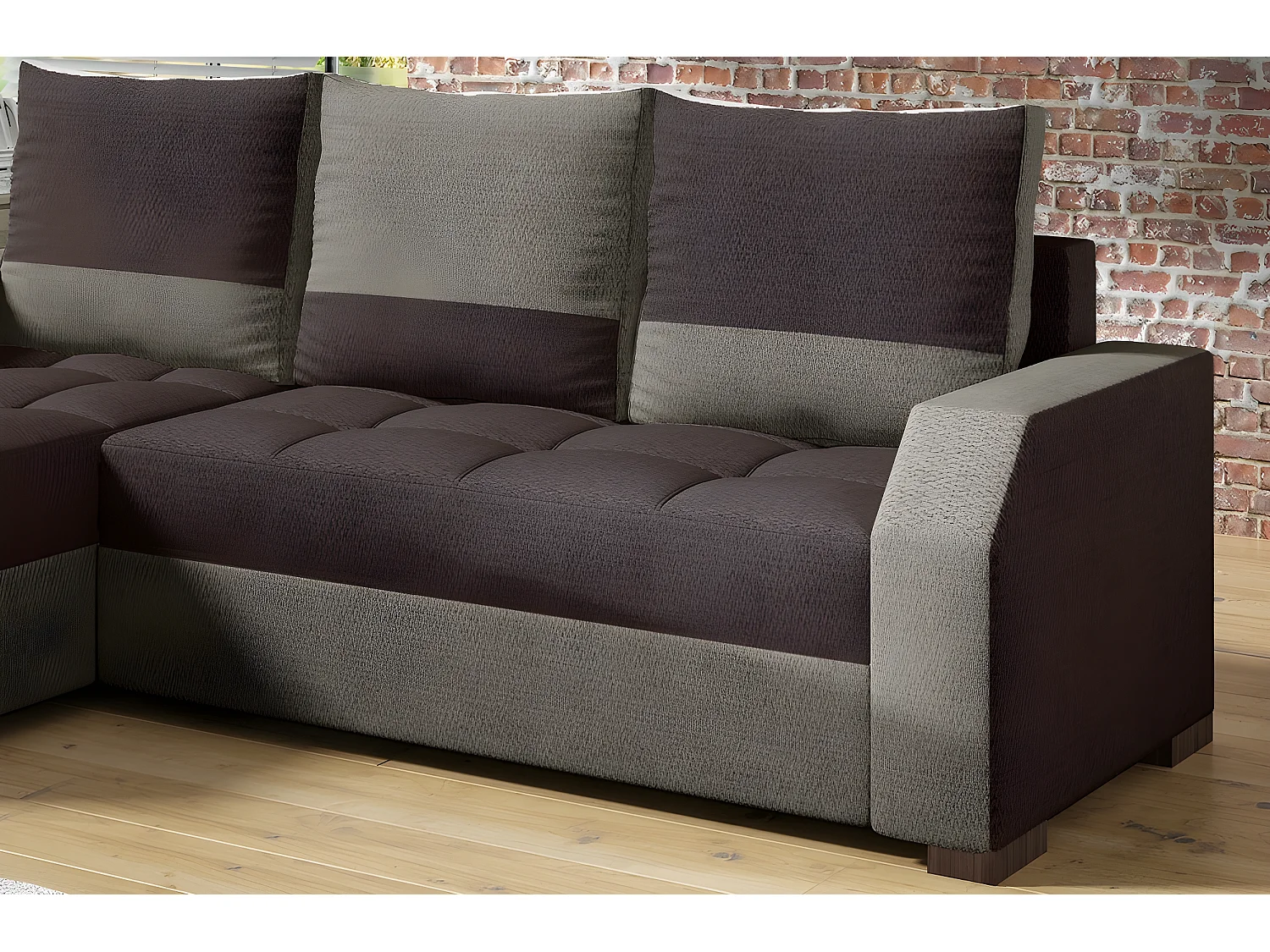 Canapé d'angle convertible - ARTE - en tissu de qualité - marron et beige, 3/4 places, angle gauche (vu de face)