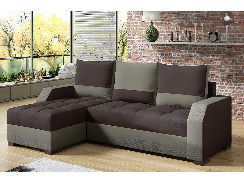 Canapé d'angle convertible - ARTE - en tissu de qualité - marron et beige, 3/4 places, angle gauche (vu de face)