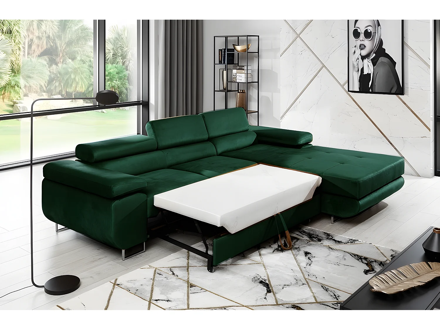 Canapé d'angle convertible ARMEL en tissu velours luxe 5 places, couleur vert foncé, avec coffre, angle droit (vu de face)