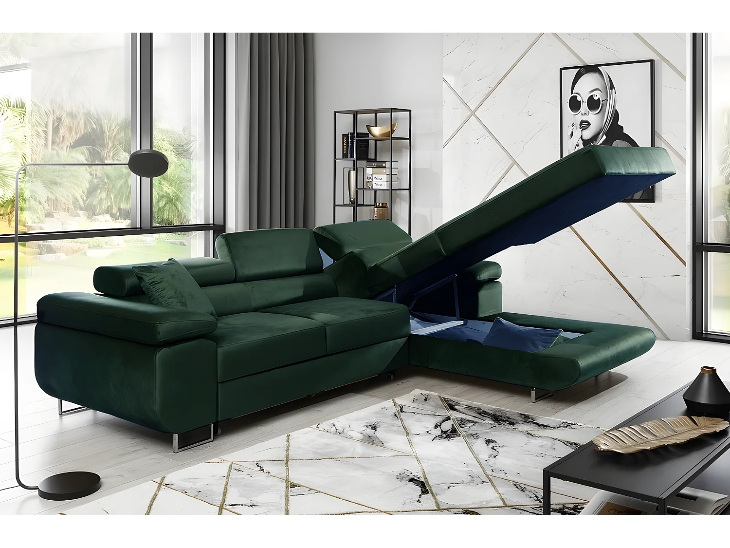 Canapé d'angle convertible ARMEL en tissu velours luxe 5 places, couleur vert foncé, avec coffre, angle droit (vu de face)