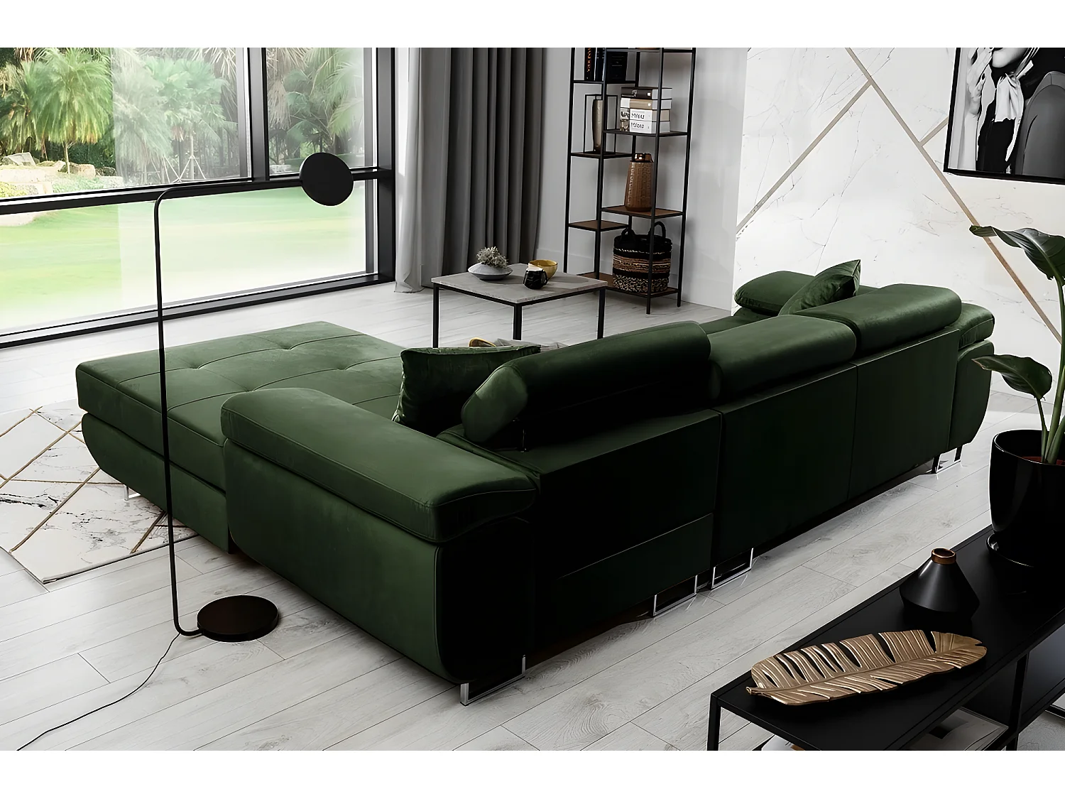 Canapé d'angle convertible ARMEL en tissu velours luxe 5 places, couleur vert foncé, avec coffre, angle droit (vu de face)