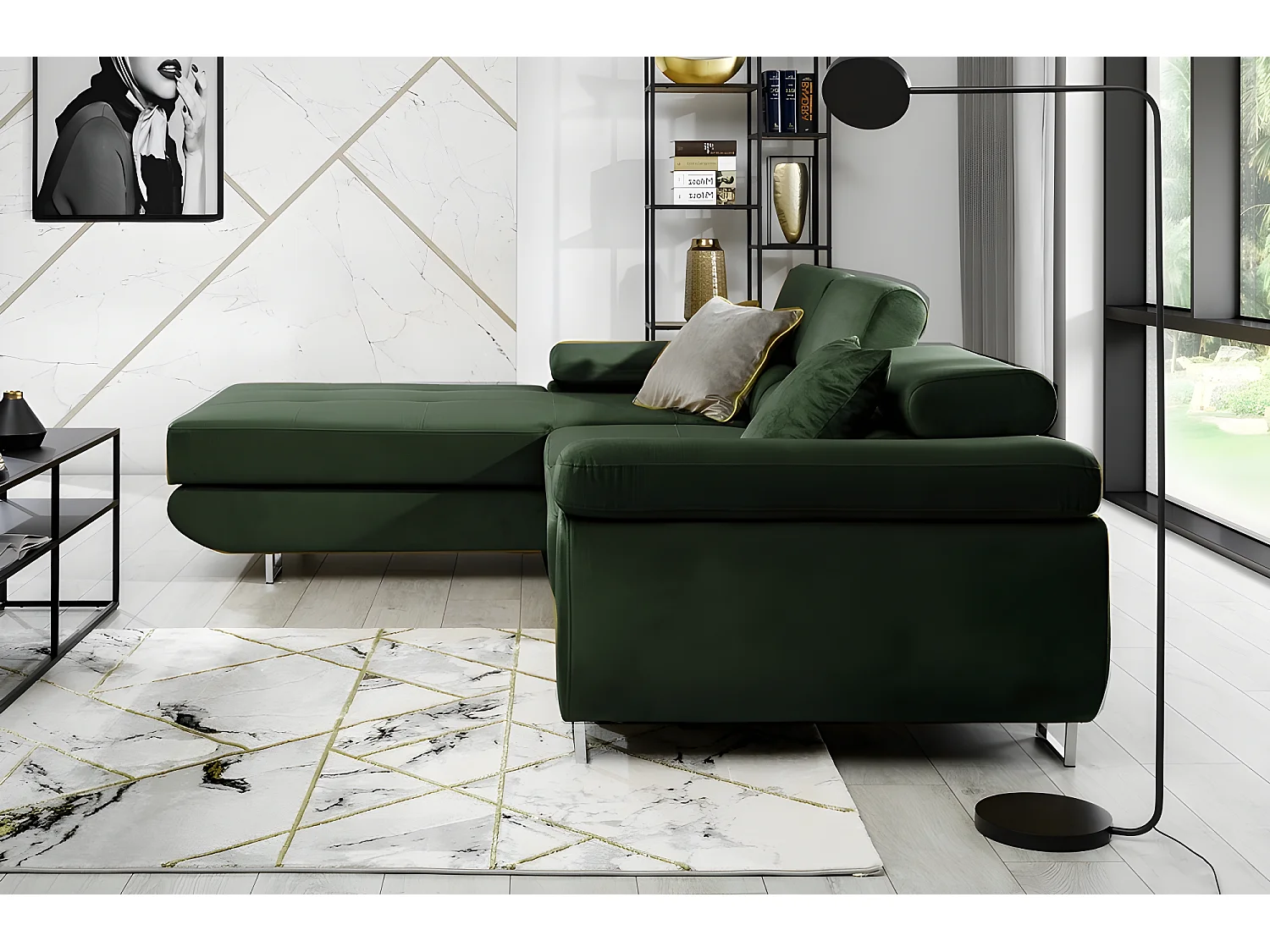 Canapé d'angle convertible ARMEL en tissu velours luxe 5 places, couleur vert foncé, avec coffre, angle droit (vu de face)