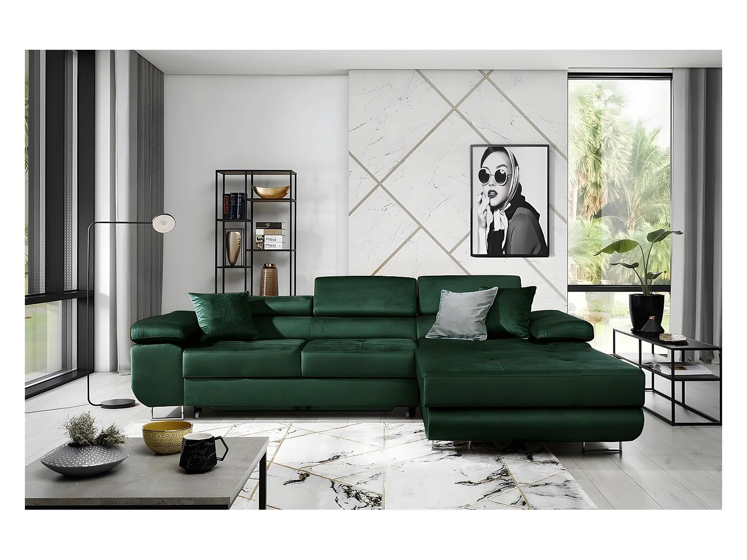 Canapé d'angle convertible ARMEL en tissu velours luxe 5 places, couleur vert foncé, avec coffre, angle droit (vu de face)
