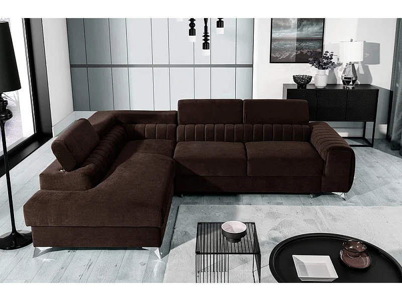 Canapé d'angle convertible - LARRY VELOURS - en tissu Luxe marron, 5 places, angle gauche (vu de face)