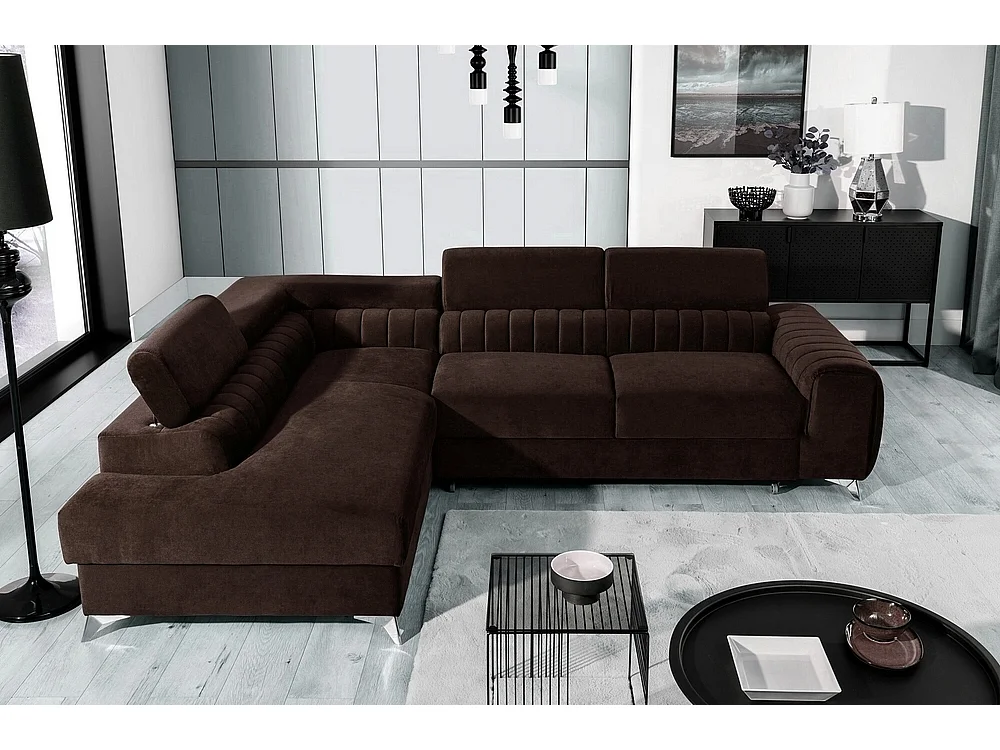 Canapé d'angle convertible - LARRY VELOURS - en tissu Luxe marron, 5 places, angle gauche (vu de face)