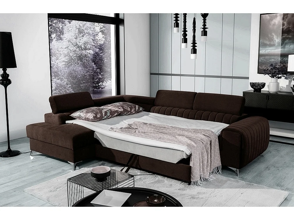 Canapé d'angle convertible - LARRY VELOURS - en tissu Luxe marron, 5 places, angle gauche (vu de face)