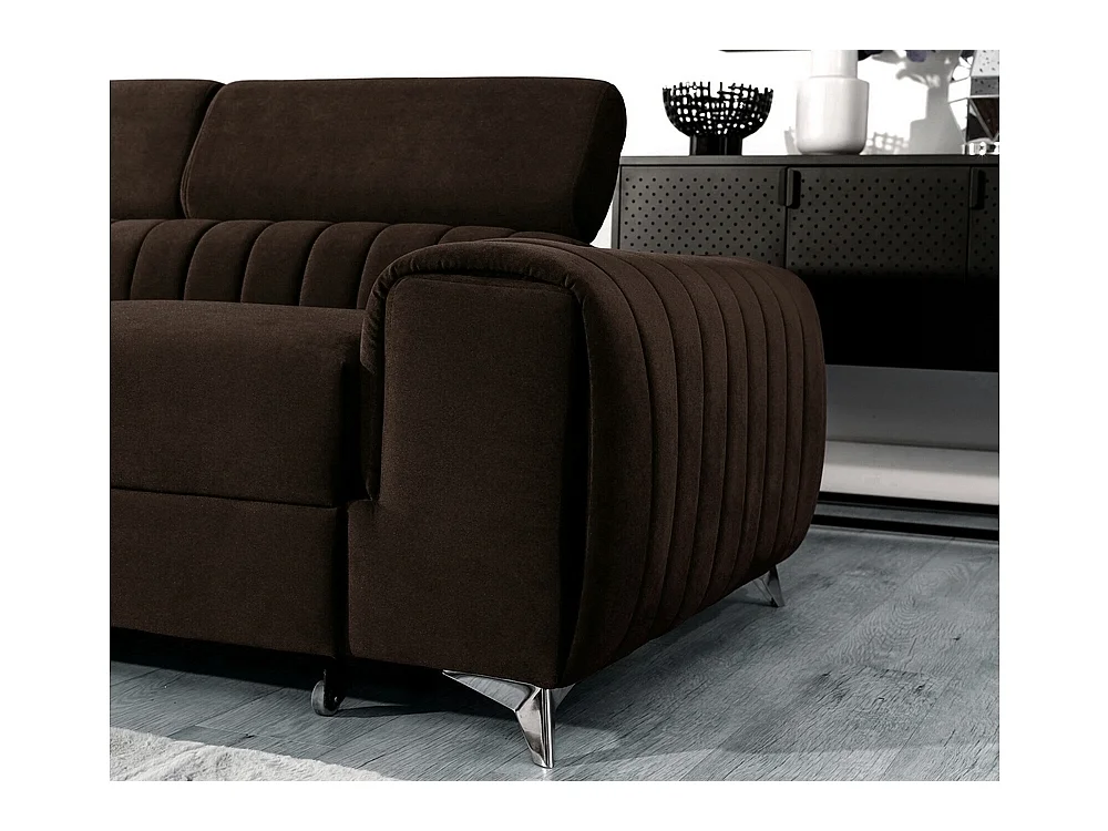 Canapé d'angle convertible - LARRY VELOURS - en tissu Luxe marron, 5 places, angle gauche (vu de face)