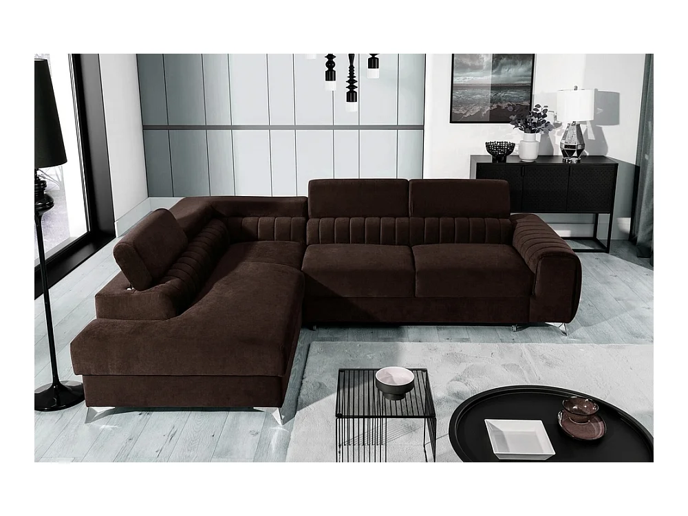 Canapé d'angle convertible - LARRY VELOURS - en tissu Luxe marron, 5 places, angle gauche (vu de face)