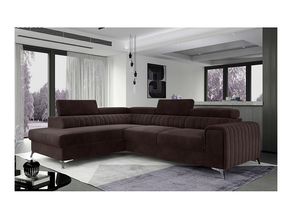 Canapé d'angle convertible - LARRY VELOURS - en tissu Luxe marron, 5 places, angle gauche (vu de face)
