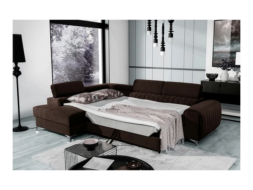 Canapé d'angle convertible - LARRY VELOURS - en tissu Luxe marron, 5 places, angle gauche (vu de face)
