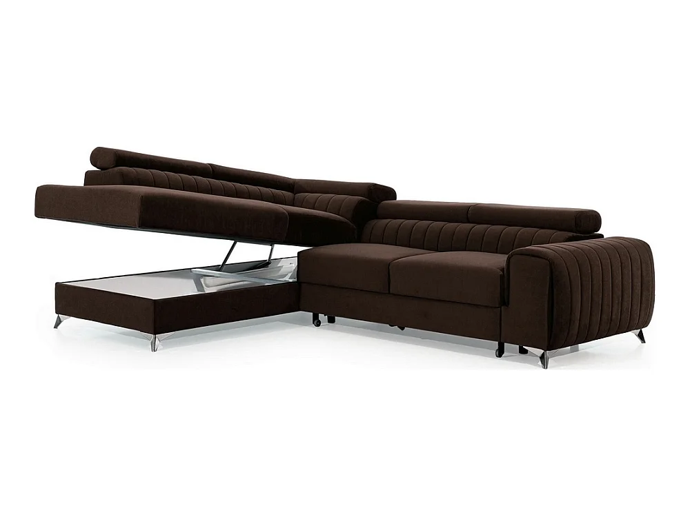 Canapé d'angle convertible - LARRY VELOURS - en tissu Luxe marron, 5 places, angle gauche (vu de face)