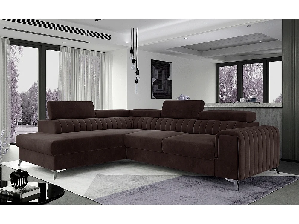 Canapé d'angle convertible - LARRY VELOURS - en tissu Luxe marron, 5 places, angle gauche (vu de face)