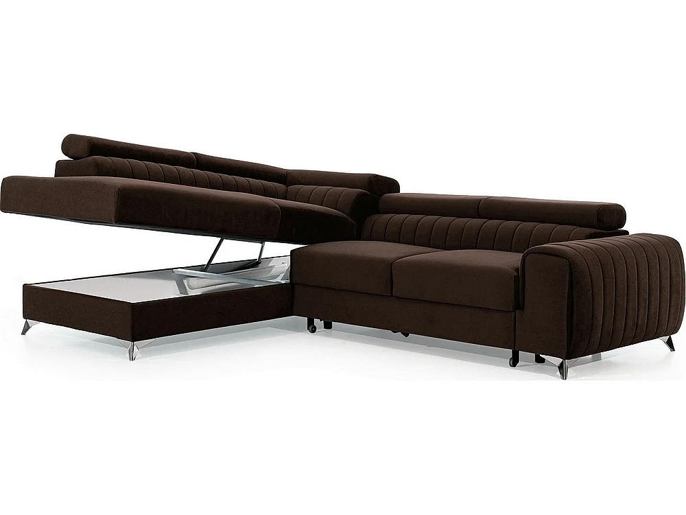 Canapé d'angle convertible - LARRY VELOURS - en tissu Luxe marron, 5 places, angle gauche (vu de face)