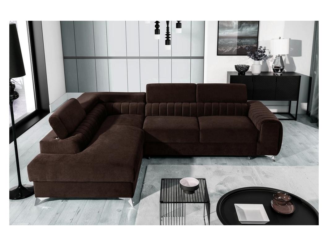 Canapé d'angle convertible - LARRY VELOURS - en tissu Luxe marron, 5 places, angle gauche (vu de face)