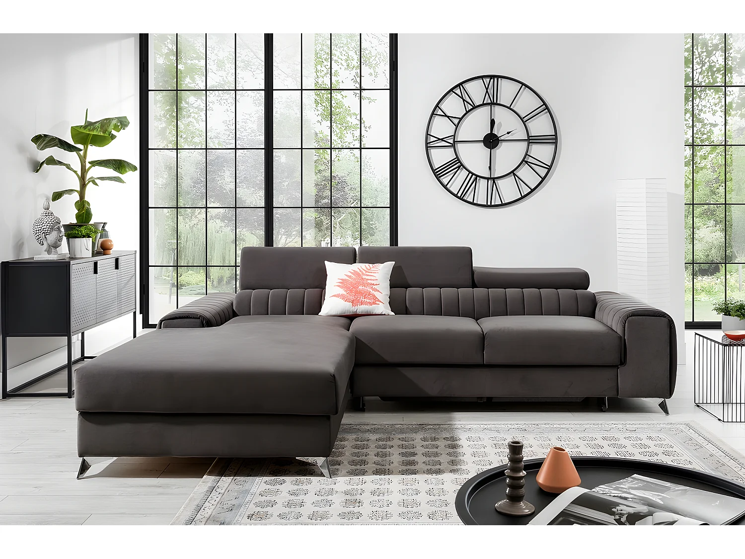 Canapé d'angle convertible en tissu velours Luxe, chocolat, 5 places, angle gauche (vu de face) - GRECE VELOURS