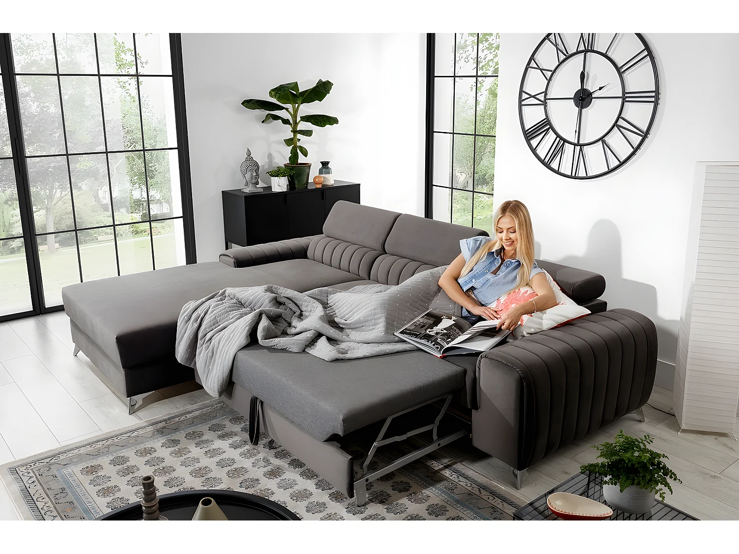 Hoekbank omvormbaar tot luxe fluwelen stof, chocolade, 5 zitplaatsen, linkerhoek - GRECE VELOURS met slaap- en opbergfunctie