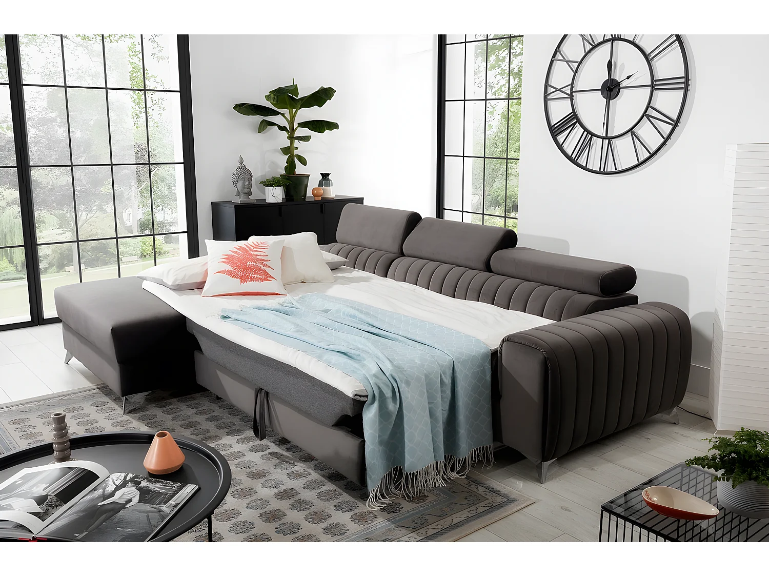 Hoekbank omvormbaar tot luxe fluwelen stof, chocolade, 5 zitplaatsen, linkerhoek - GRECE VELOURS met slaap- en opbergfunctie