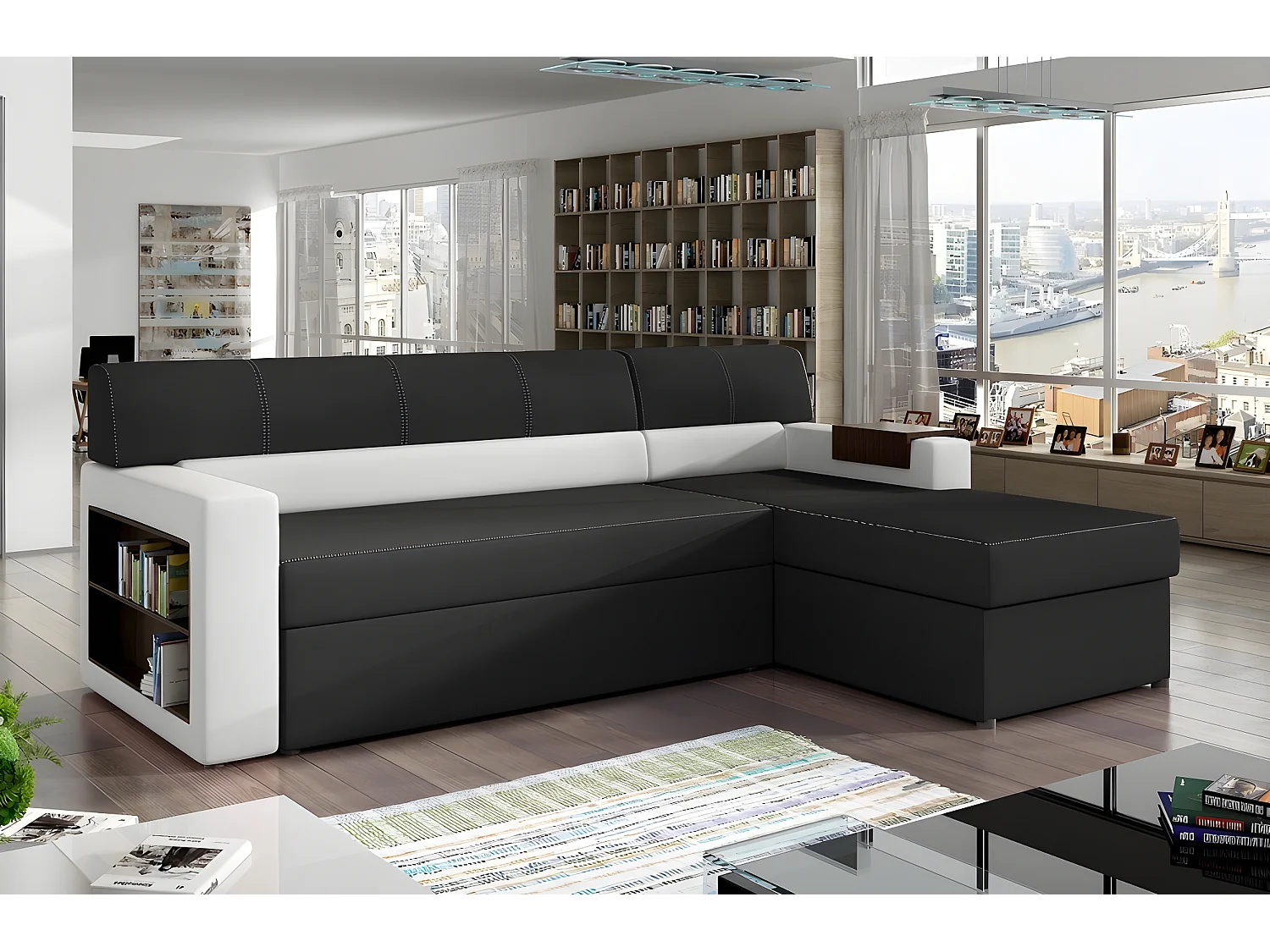 Canapé d'angle convertible en tissu luxe noir et simili cuir blanc cassé, 5 places, avec coffre, angle droit (vu de face) - RICCI