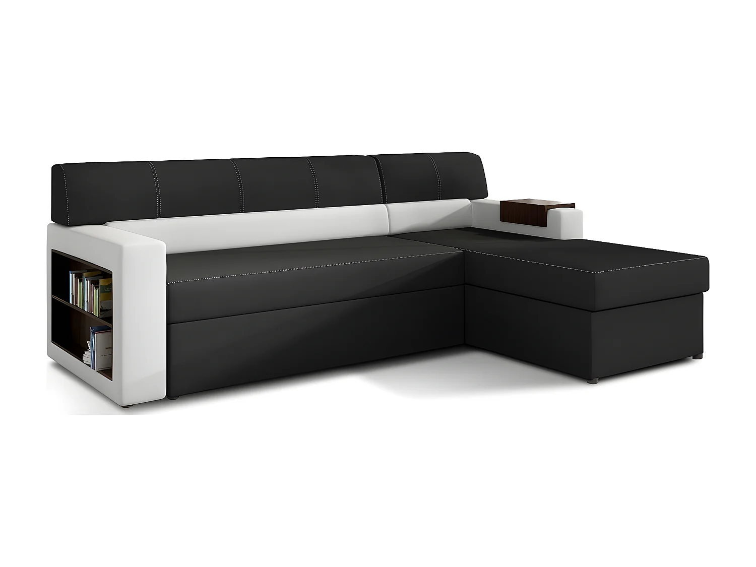 Canapé d'angle convertible en tissu luxe noir et simili cuir blanc cassé, 5 places, avec coffre, angle droit (vu de face) - RICCI