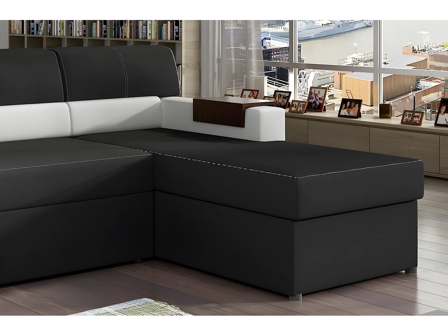 Canapé d'angle convertible en tissu luxe noir et simili cuir blanc cassé, 5 places, avec coffre, angle droit (vu de face) - RICCI