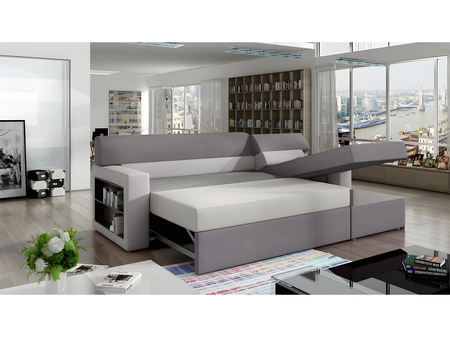 Canapé d'angle convertible en tissu luxe noir et simili cuir blanc cassé, 5 places, avec coffre, angle droit (vu de face) - RICCI