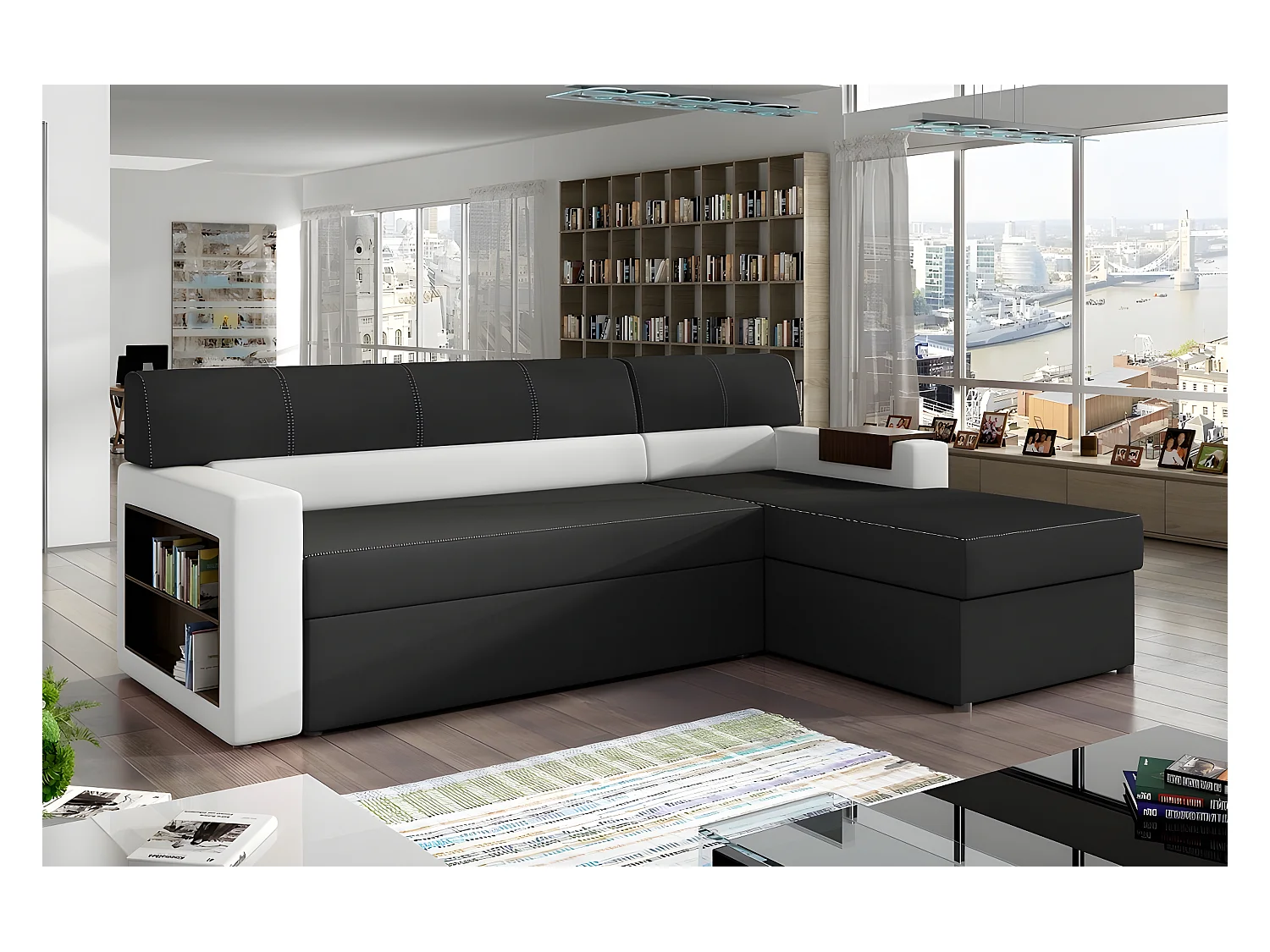 Canapé d'angle convertible en tissu luxe noir et simili cuir blanc cassé, 5 places, avec coffre, angle droit (vu de face) - RICCI