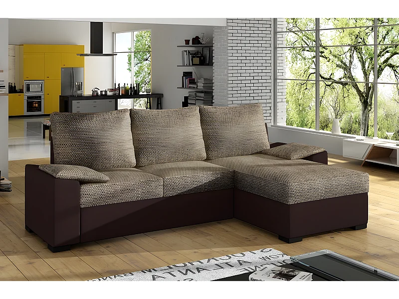 Canapé d'angle convertible - en tissu marron et simili chocolat, angle droit (vu de face) - LUCAS