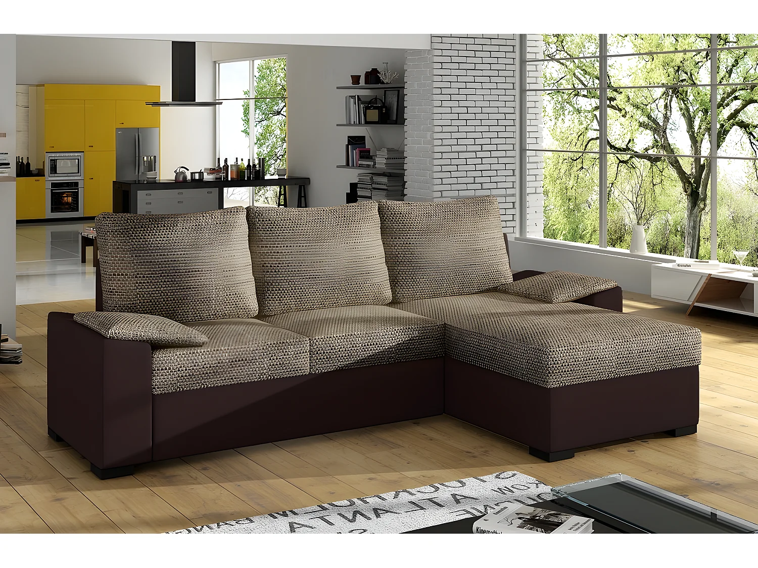 Canapé d'angle convertible - en tissu marron et simili chocolat, angle droit (vu de face) - LUCAS