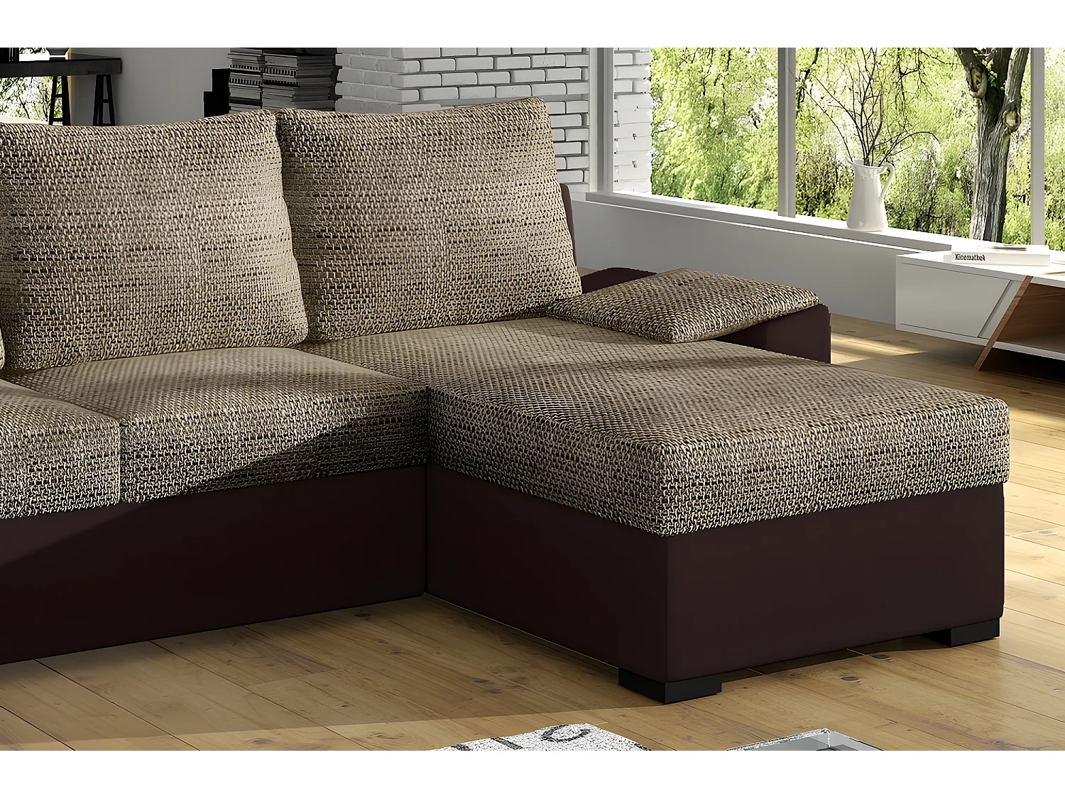 Canapé d'angle convertible - en tissu marron et simili chocolat, angle droit (vu de face) - LUCAS