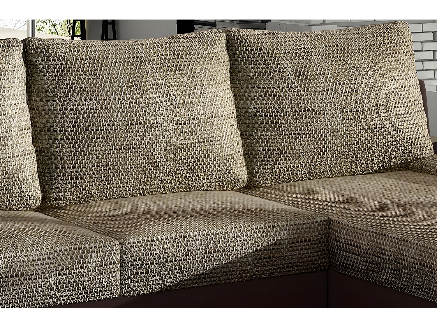 Canapé d'angle convertible - en tissu marron et simili chocolat, angle droit (vu de face) - LUCAS