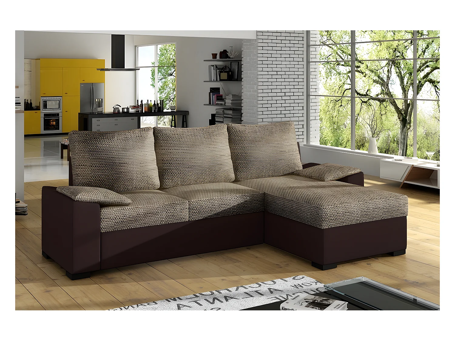 Canapé d'angle convertible - en tissu marron et simili chocolat, angle droit (vu de face) - LUCAS