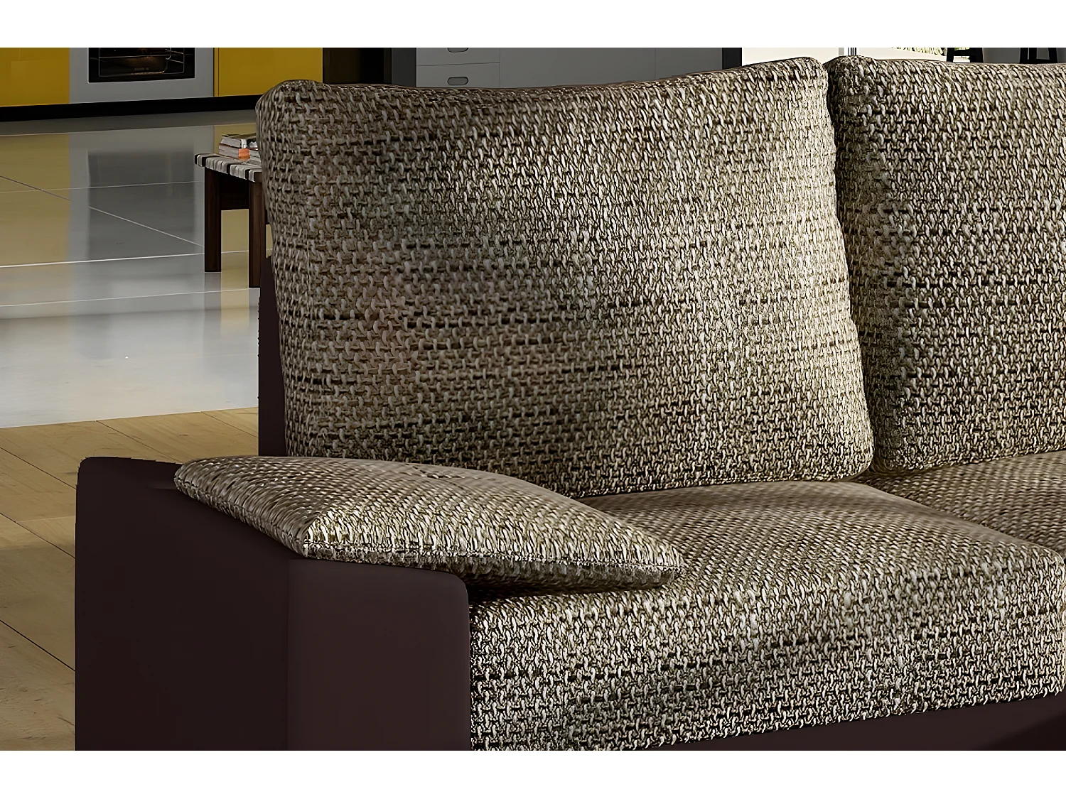 Canapé d'angle convertible - en tissu marron et simili chocolat, angle droit (vu de face) - LUCAS