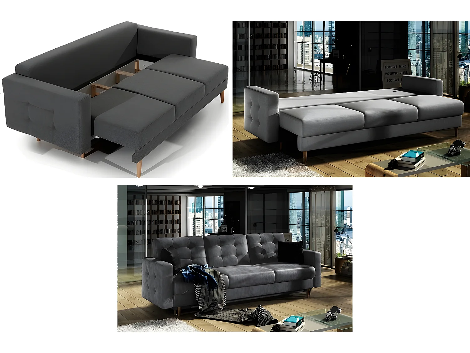 Canapé 3 places convertible - en velours de qualité, gris foncé, ASVENA VELOURS