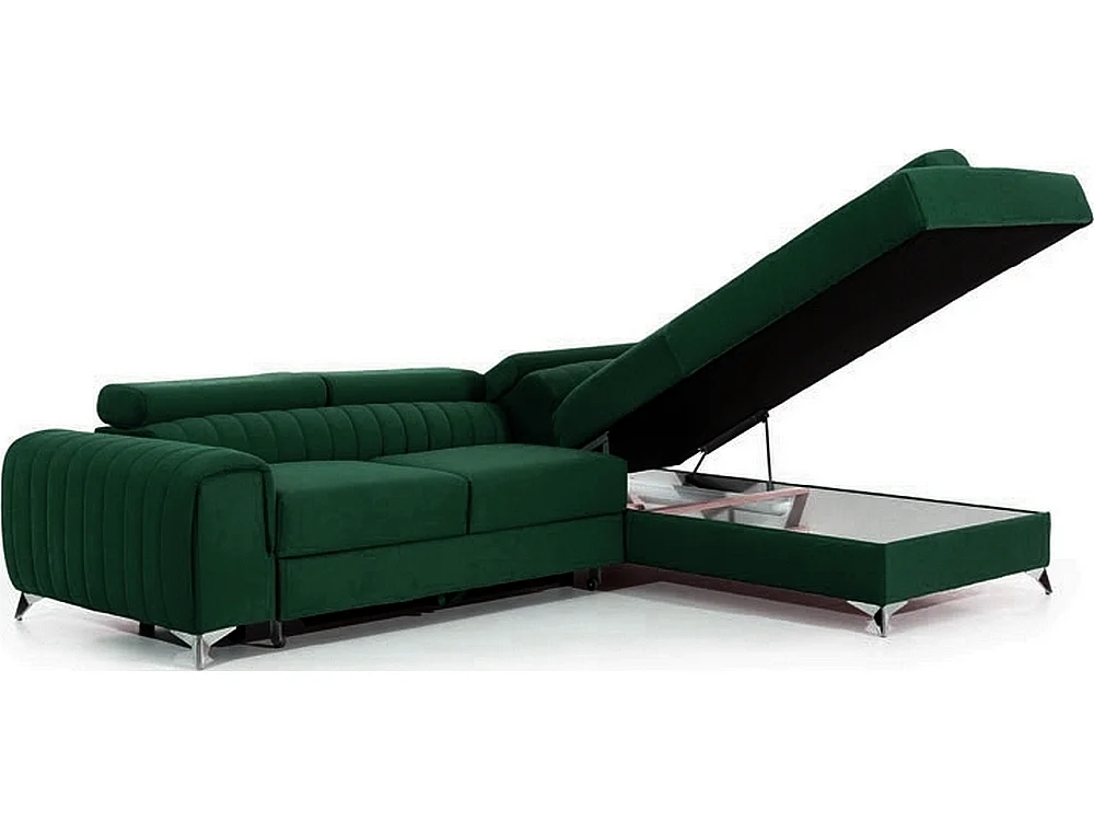 Canapé d'angle convertible - LARRY VELOURS - en tissu Luxe vert, 5 places, angle droit (vu de face)