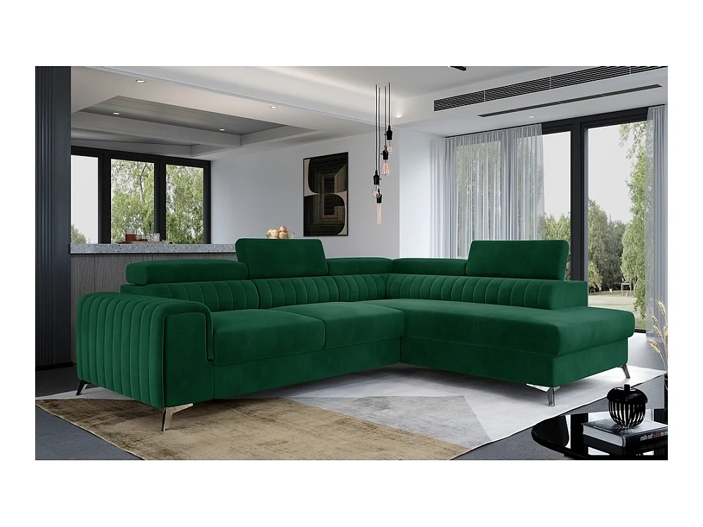 Canapé d'angle convertible - LARRY VELOURS - en tissu Luxe vert, 5 places, angle droit (vu de face)