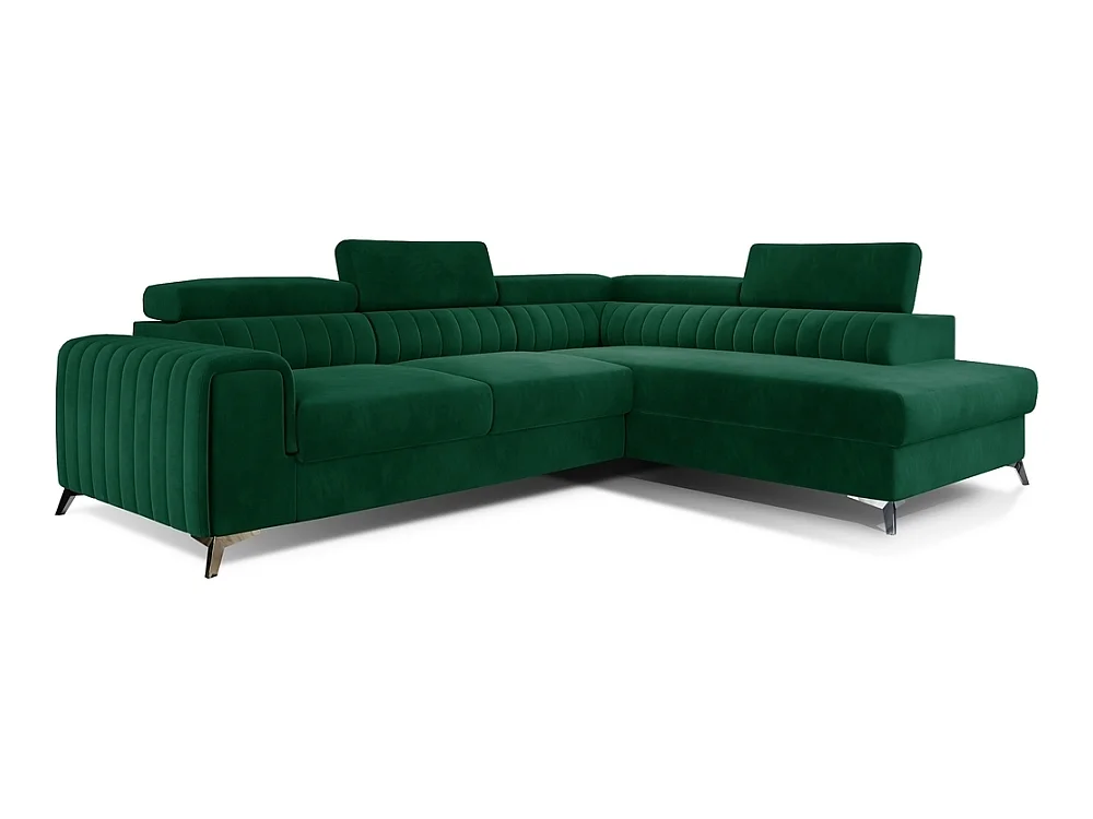 Canapé d'angle convertible - LARRY VELOURS - en tissu Luxe vert, 5 places, angle droit (vu de face)
