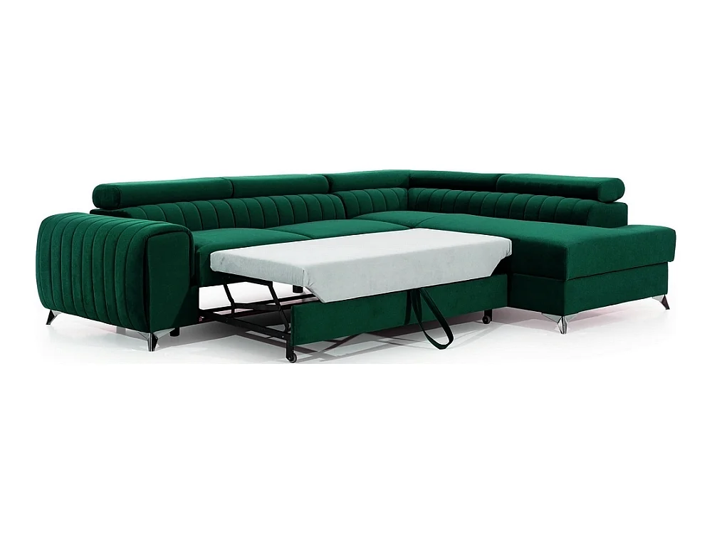 Canapé d'angle convertible - LARRY VELOURS - en tissu Luxe vert, 5 places, angle droit (vu de face)